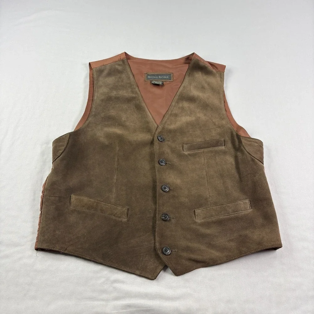 Banana Republic Leather Vest Mens Medium Brown Suit Waist Coat Pockets